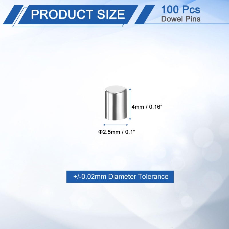 uxcell 100 Pcs 2.5mm x 4mm Dowel Pins Bearing Steel Cylindrical Dowel Pins Shelf Support Peg Pin Rod Fasten Elements Metal Shelf Pegs +/-0.02mm Diameter Tolerance, Silver Tone - Image 2